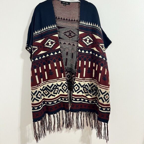 Love Tree Aztec Native Geometric Print Open Cardigan Burgundy Fringe One Size - Picture 1 of 4